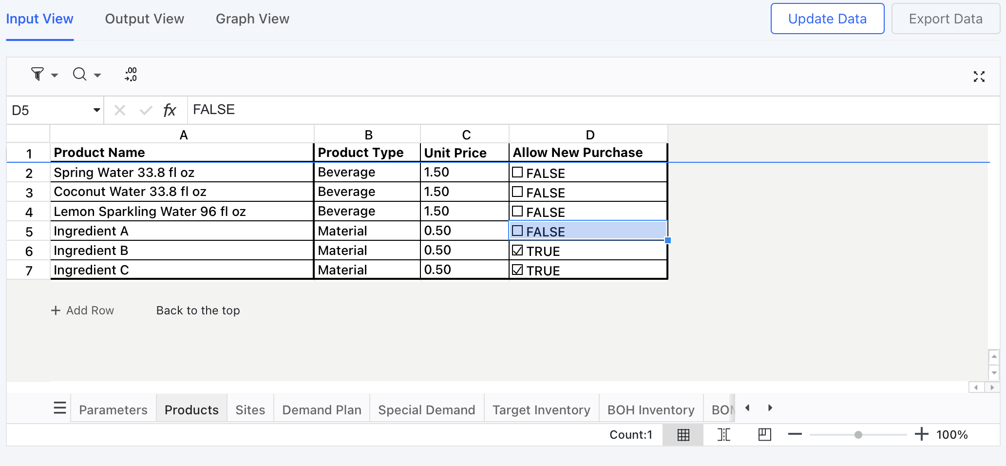 Input View for Products